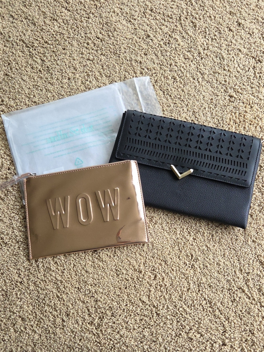 Stella &Dot Black Laser-Cut Envelope Clutch & Rose Gold 'WOW' Cosmetic Pouch Set